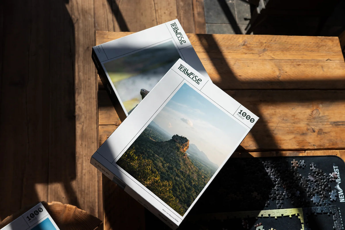 Puzzle mit einem Felsen auf einem Tisch